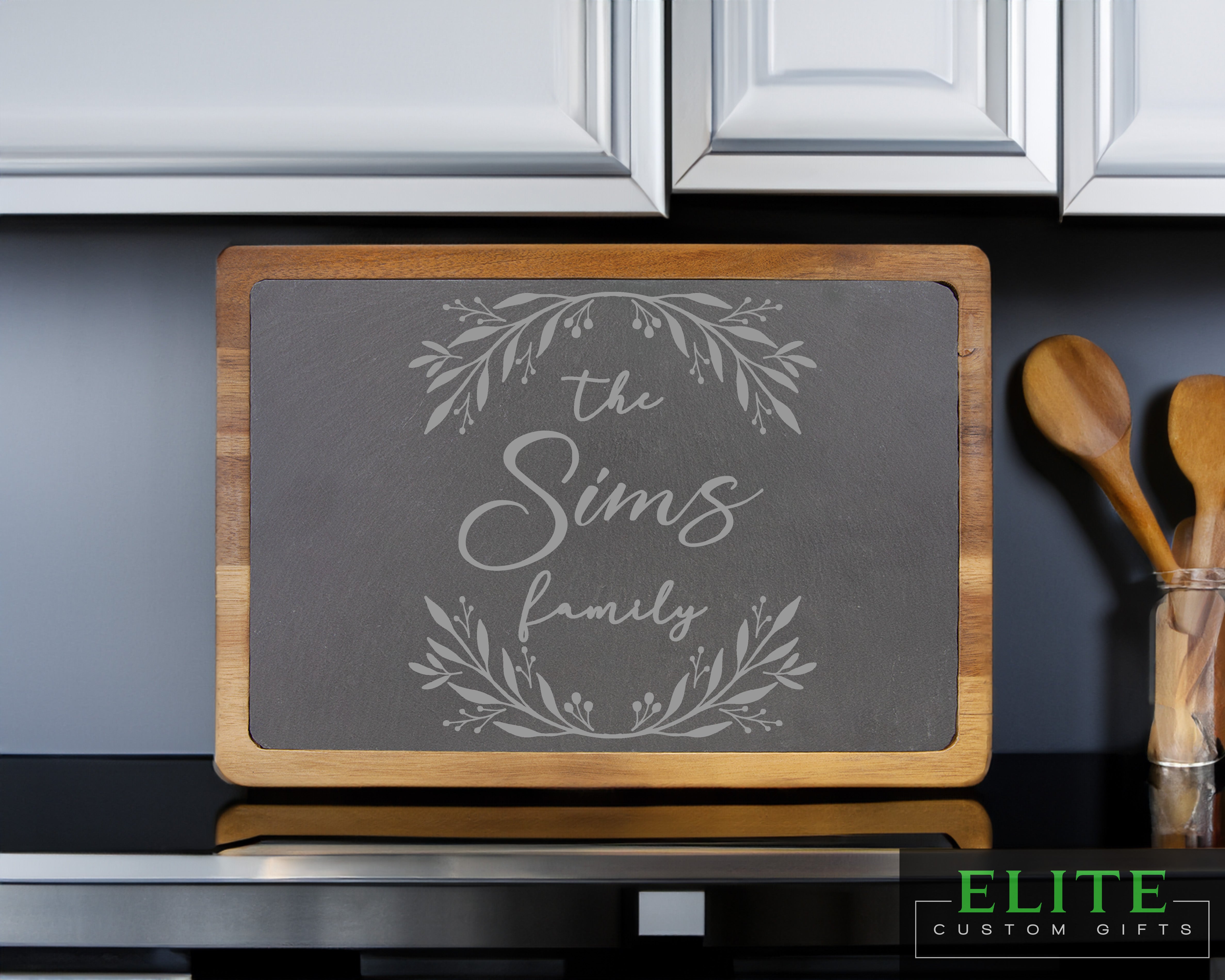 Floral The Family Engraved Slate Cutting Board